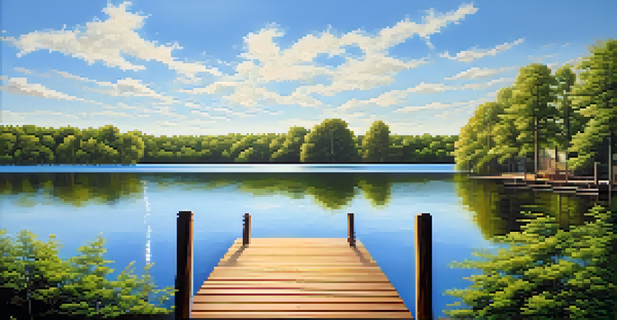 A peaceful lake scene with green trees and a wooden dock under a clear blue sky, sunlight reflecting on the water.