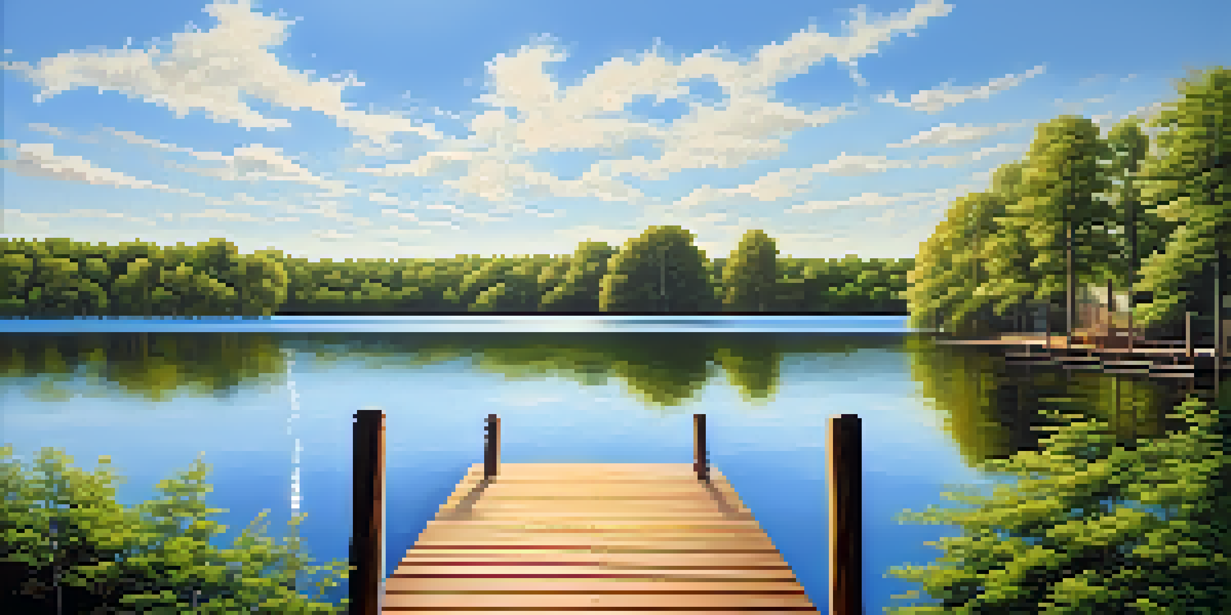 A peaceful lake scene with green trees and a wooden dock under a clear blue sky, sunlight reflecting on the water.