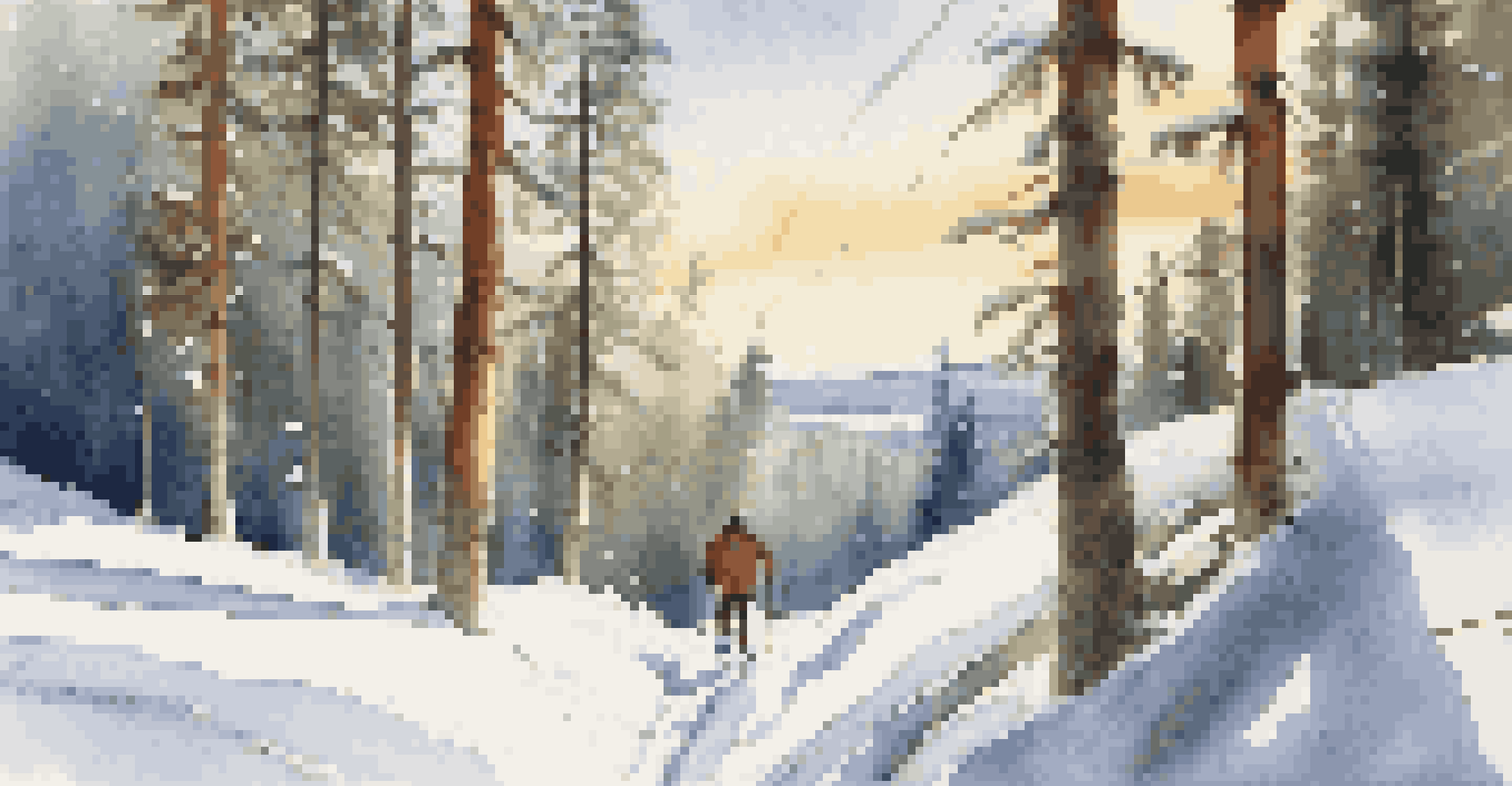 A person snowshoeing in a snowy forest, surrounded by pine trees and sparkling sunlight on the snow.