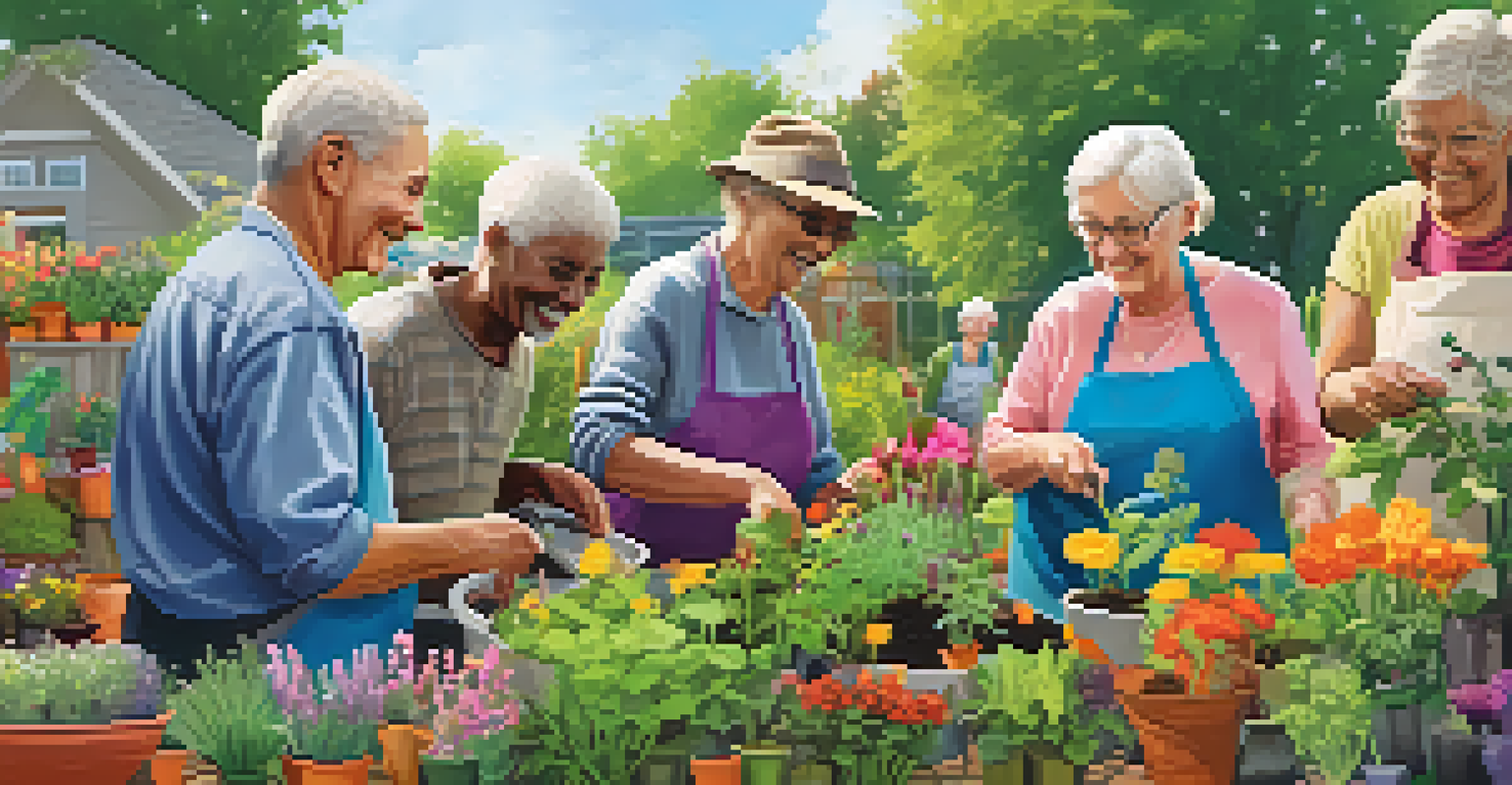 A group of seniors working together in a community garden, planting flowers and vegetables with smiles.