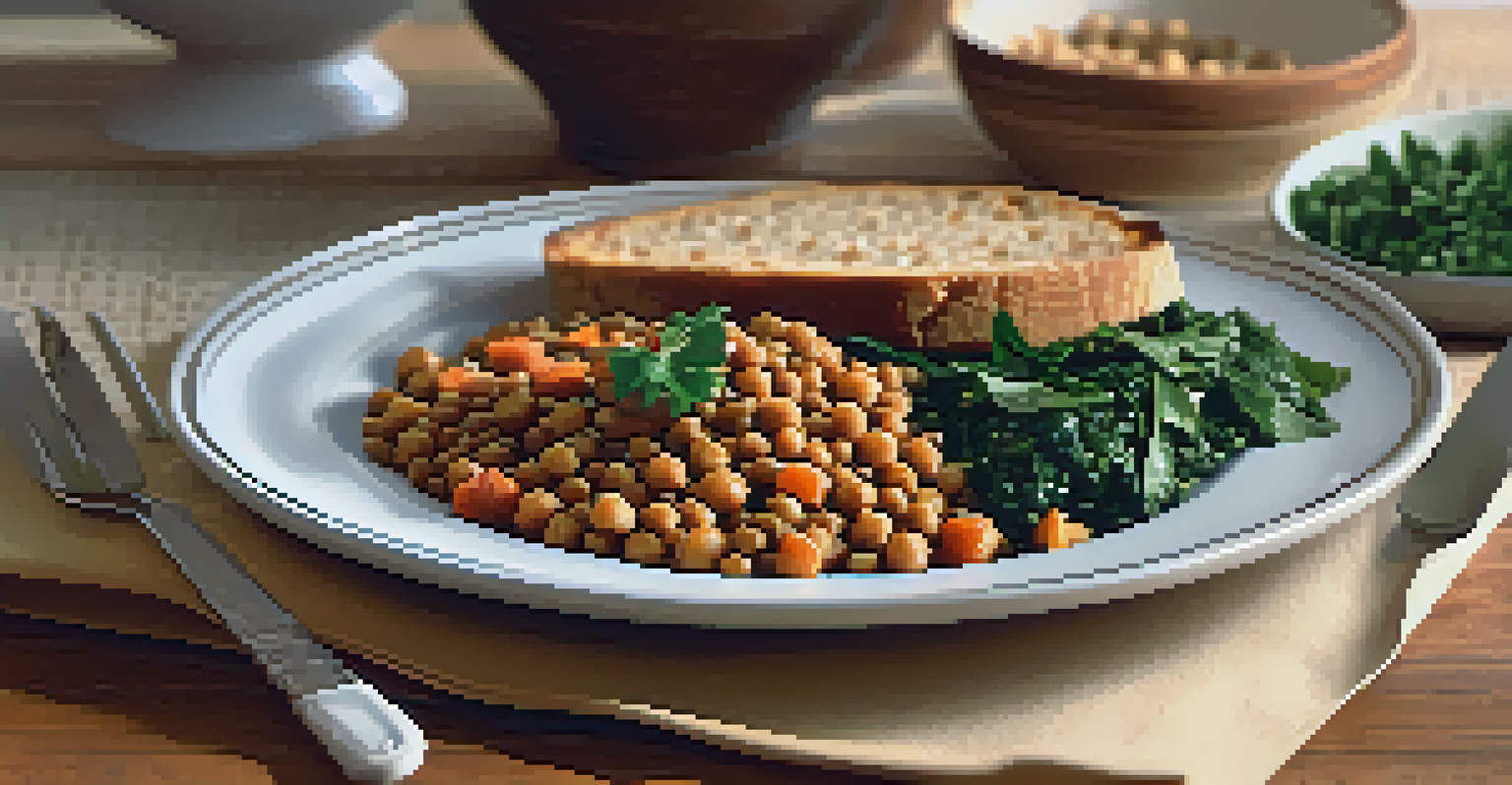 A dinner plate with lentil and chickpea stew, garnished with herbs and served with whole grain bread in a cozy setting.