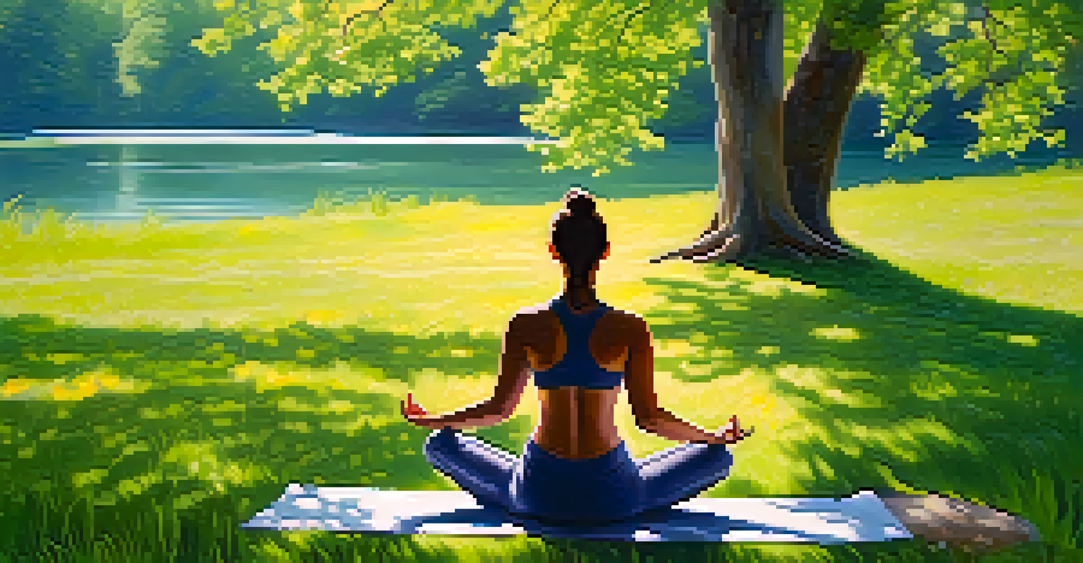A person practicing yoga in a peaceful park surrounded by flowers and trees, promoting relaxation and mindfulness.