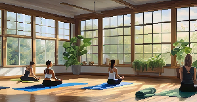 A diverse group of athletes practicing yoga in a bright studio with plants and motivational quotes on the walls.