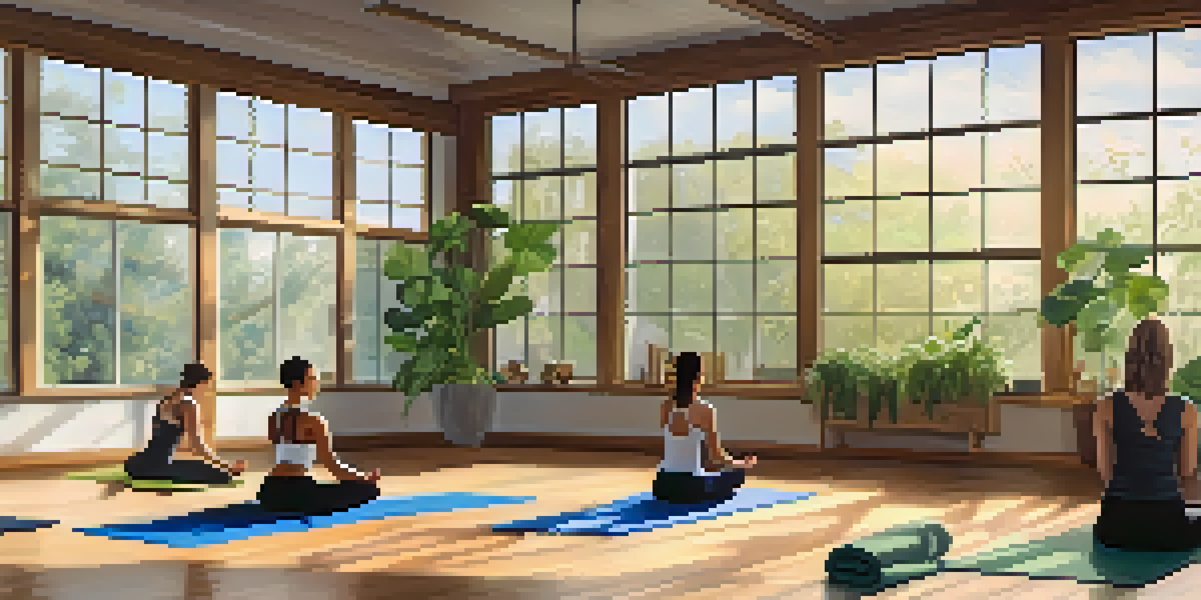 A diverse group of athletes practicing yoga in a bright studio with plants and motivational quotes on the walls.