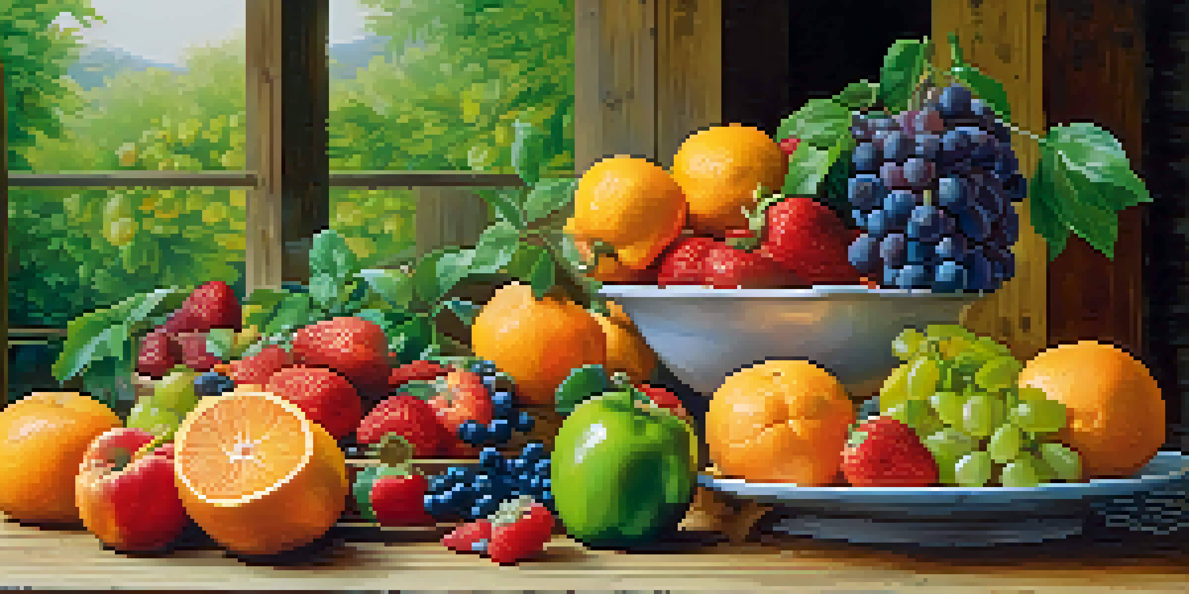 A still life of fresh fruits, including oranges, grapefruits, strawberries, and bell peppers, illuminated by sunlight on a wooden table.
