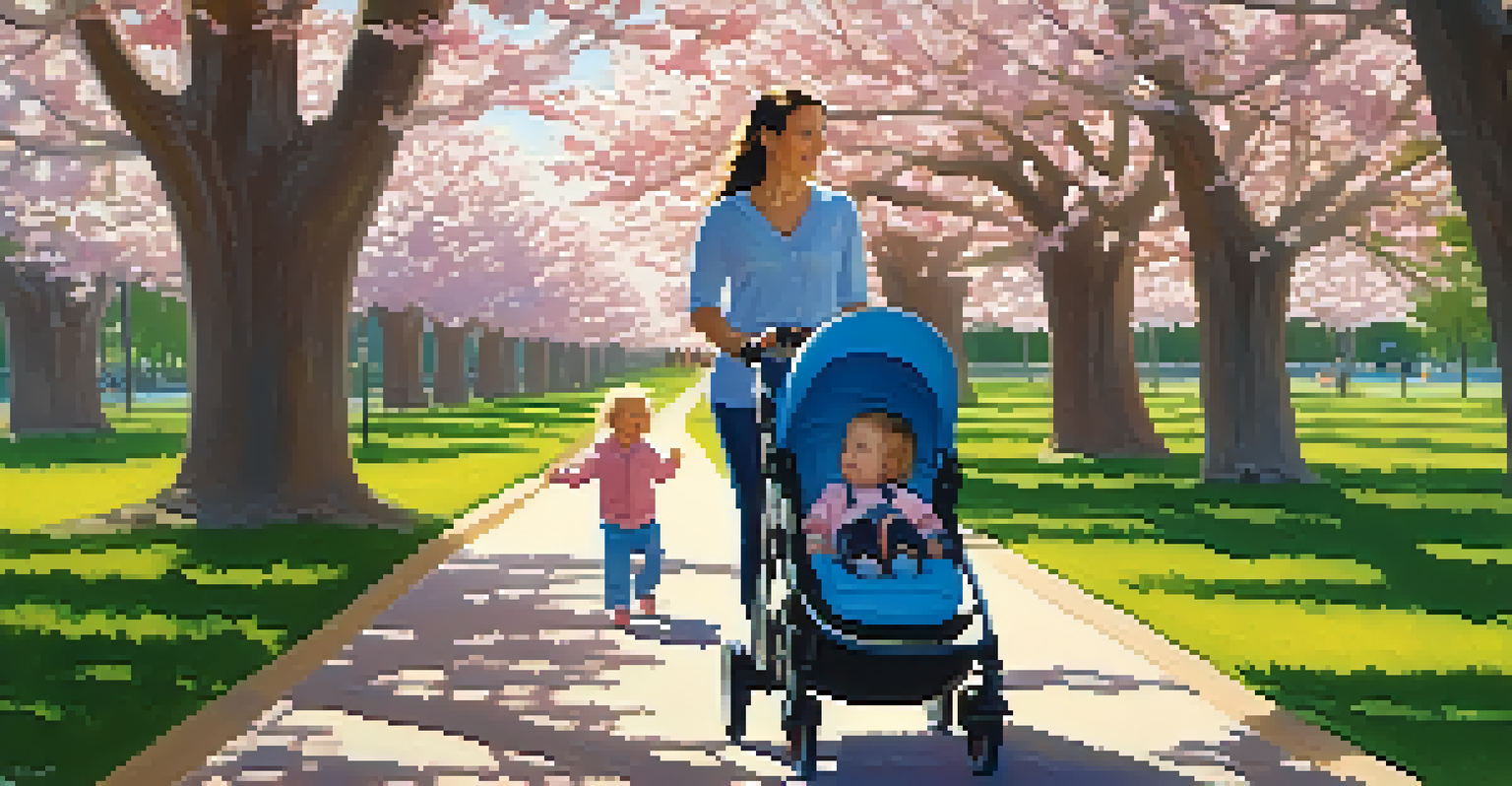 A new mother walking with a baby stroller in a sunny park filled with flowers and trees.