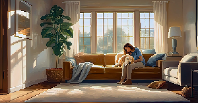 A person enjoying time with a golden retriever in a cozy living room, basking in sunlight.