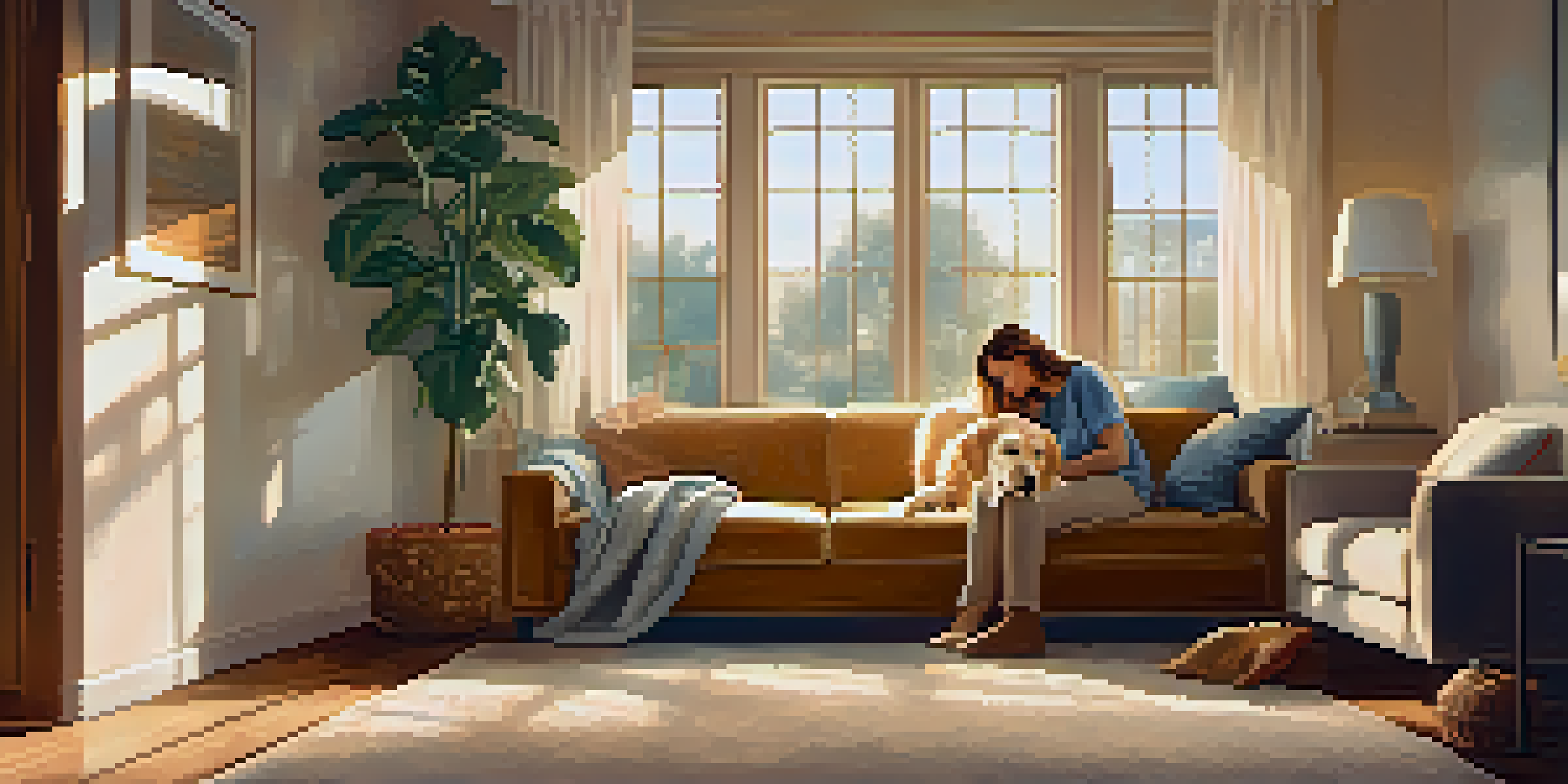 A person enjoying time with a golden retriever in a cozy living room, basking in sunlight.