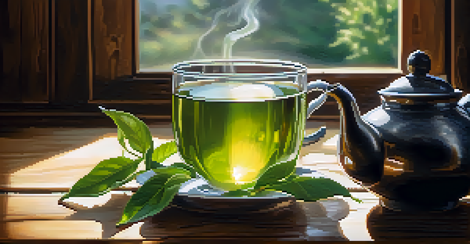 A steaming cup of green tea on a wooden surface with tea leaves scattered around.