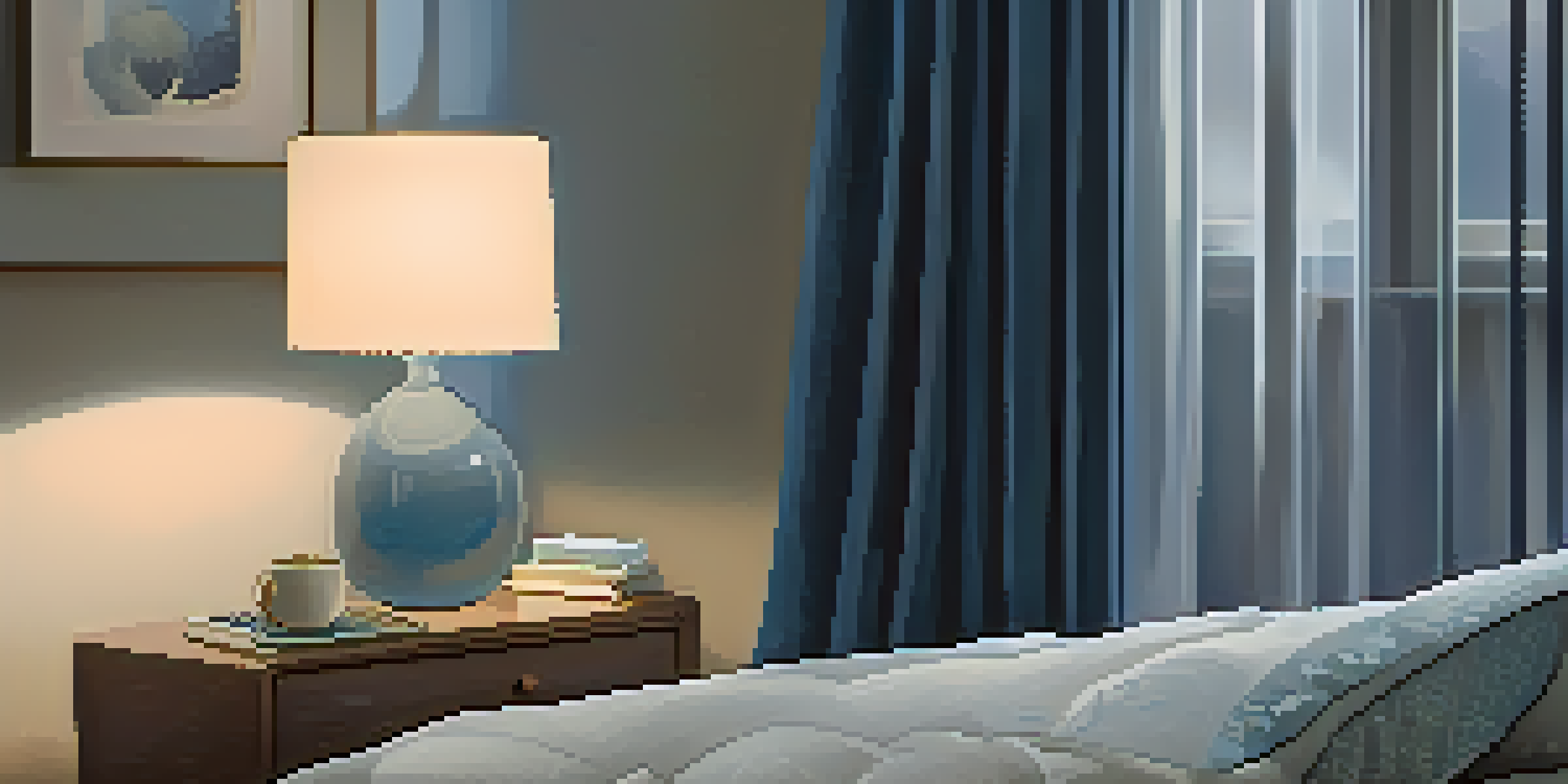 A cozy bedroom with a neatly made bed, soft pillows, warm lighting, and a bedside table with a book and glass of water.