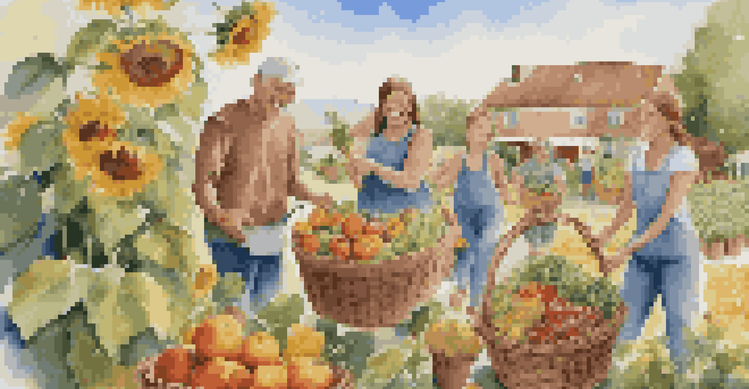 A happy family celebrating their harvest in a community garden, surrounded by fresh produce and sunflowers, under a clear sky.