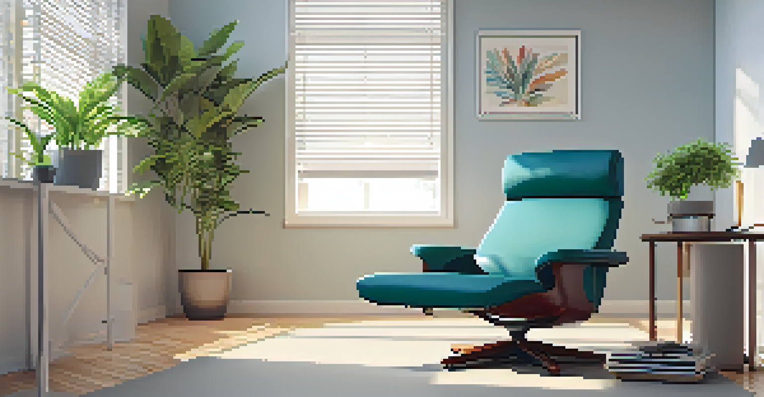 A modern office break room with a person napping in a recliner, soft lighting, and calming decor.