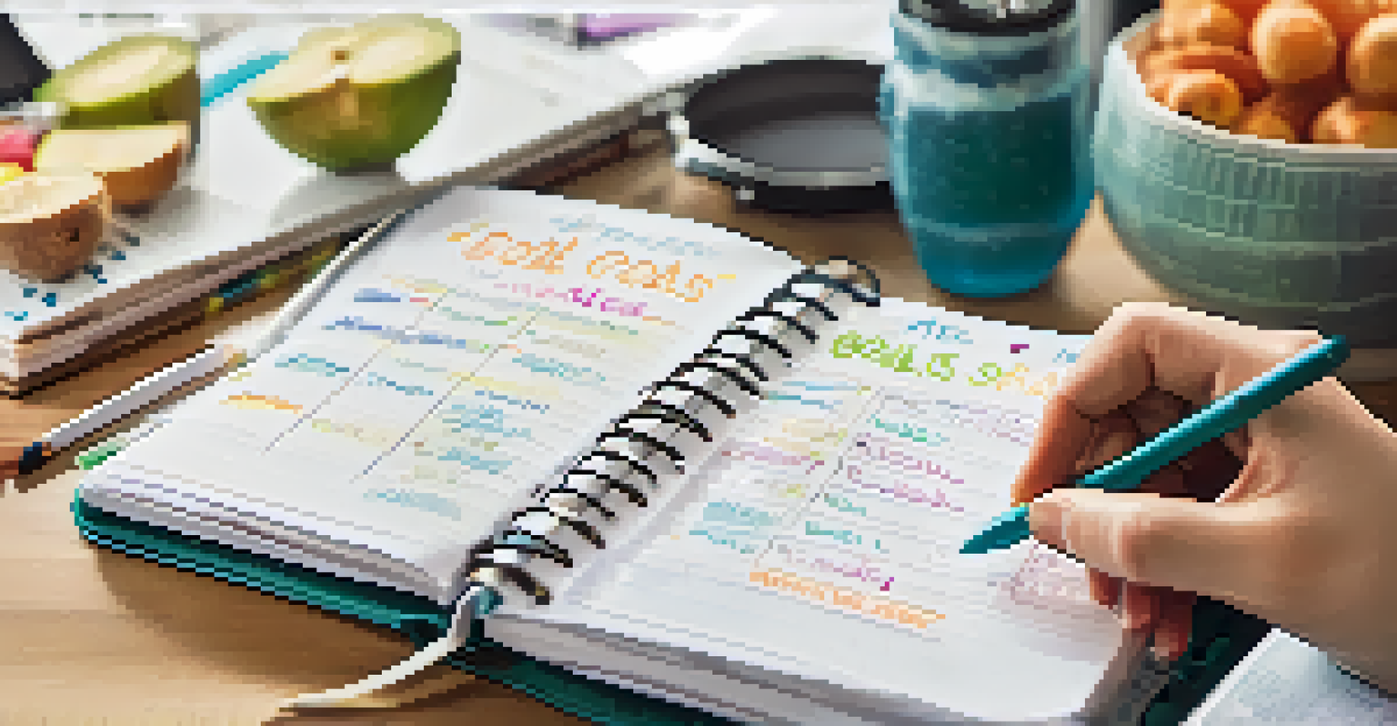 A close-up of a health coach writing personalized goals in a planner, with healthy snacks and a water bottle in the background.
