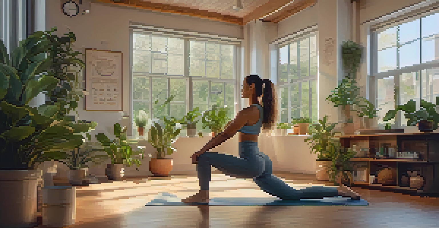 A person exercising at home on a yoga mat, surrounded by plants and soft lighting, creating a warm and motivating atmosphere.