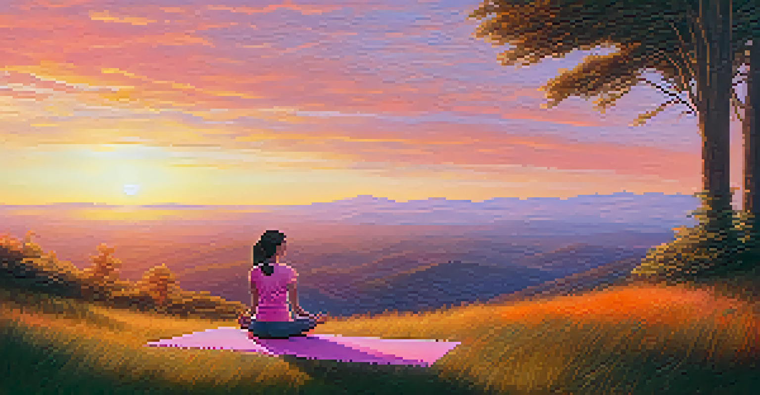 A woman practicing yoga outdoors during sunset, surrounded by nature, symbolizing mindfulness and relaxation.