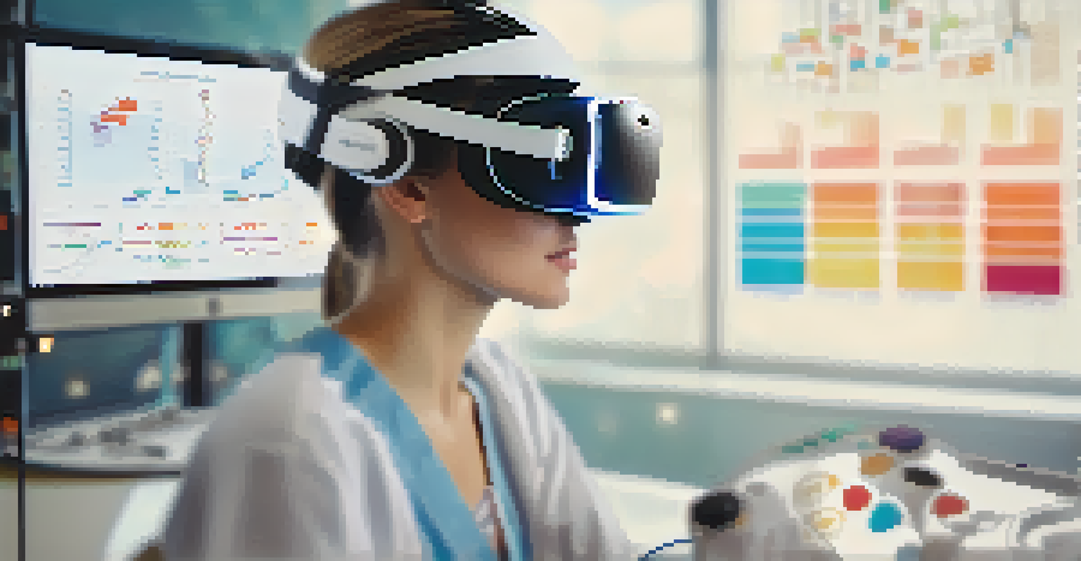 A close-up of a VR controller in a rehabilitation setting, surrounded by motivational charts, with a patient using VR therapy in the background.
