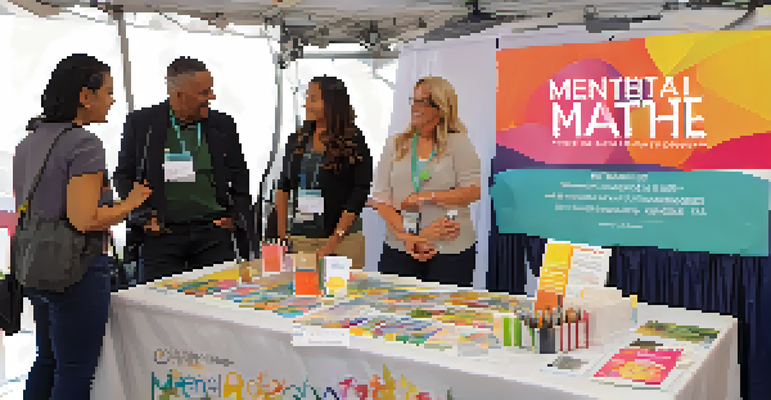 An inviting booth at a mental health awareness fair with brochures and a banner, where a mental health professional engages with attendees in a supportive atmosphere.