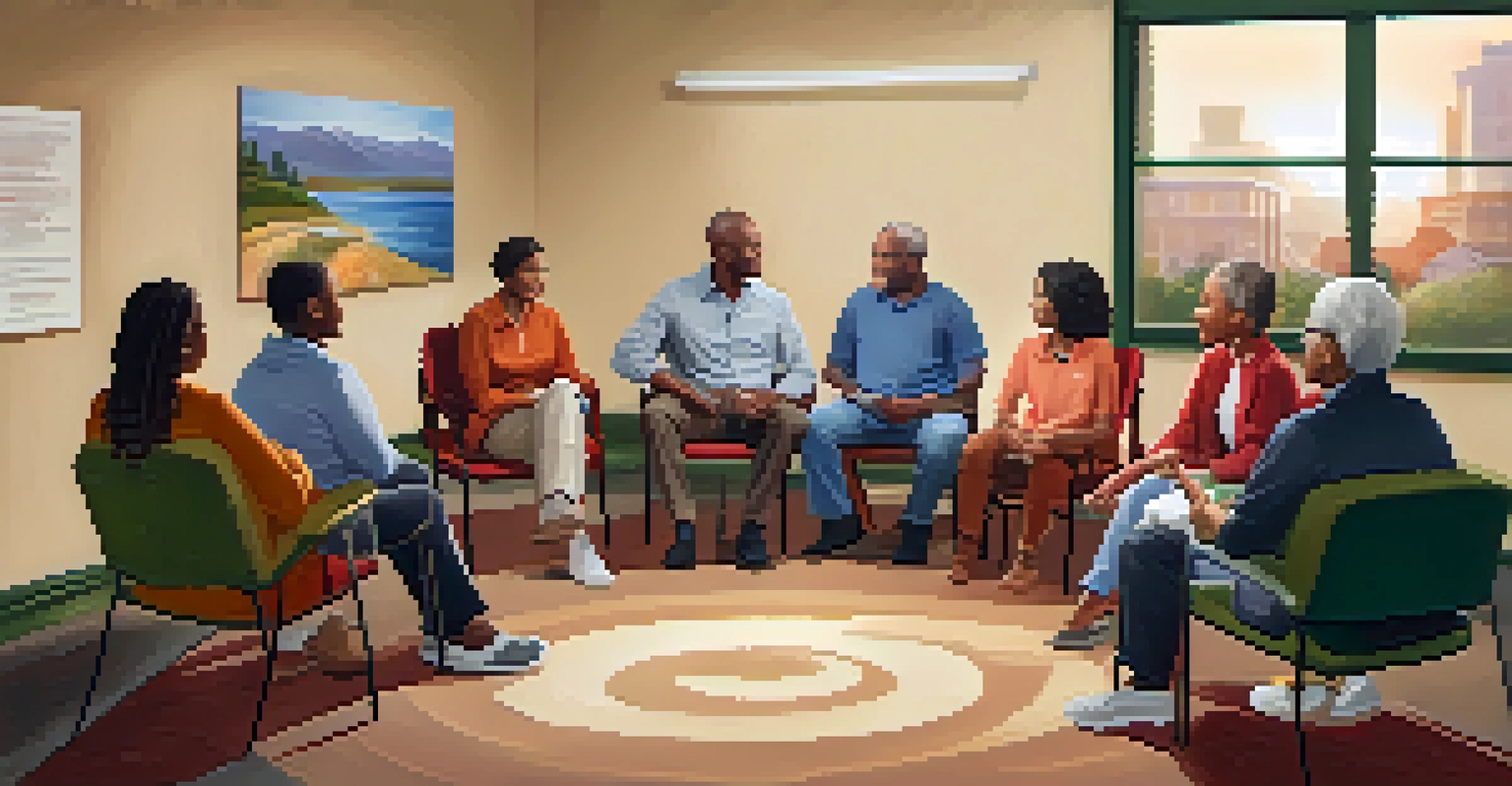 A supportive community group meeting in a cozy room, with members sharing stories and a poster about resilience on the wall.