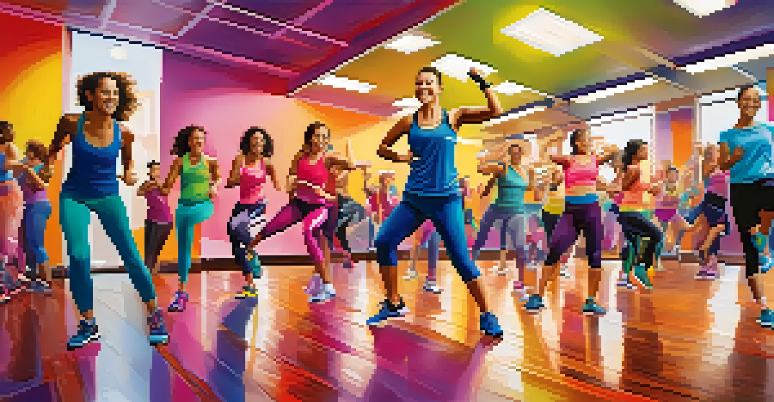 A lively indoor Zumba class with diverse individuals dancing energetically, surrounded by mirrors and colorful decorations, creating a joyful atmosphere.