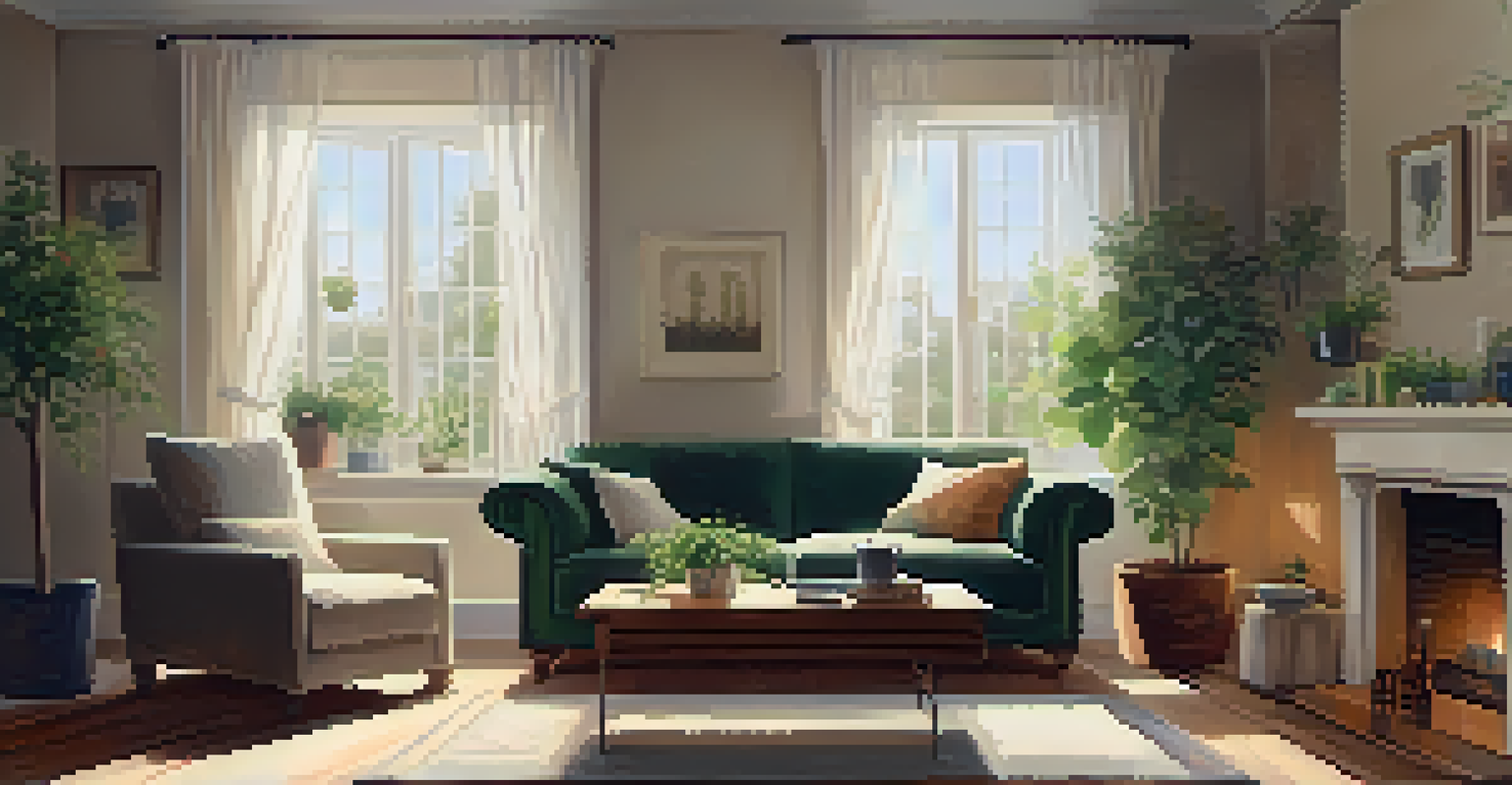 A person journaling on a sofa in a cozy living room with warm light and plants.