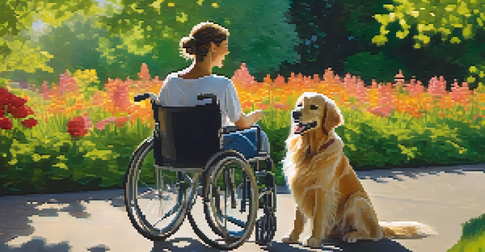 A person in a wheelchair smiling and playing with a golden retriever in a sunny park filled with flowers.