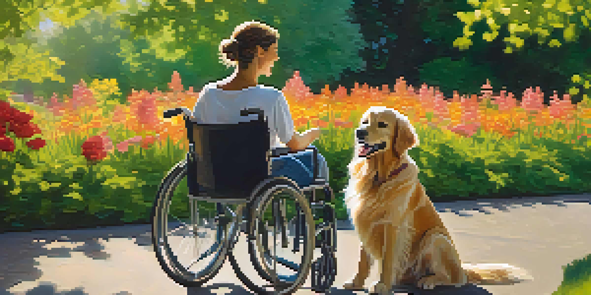 A person in a wheelchair smiling and playing with a golden retriever in a sunny park filled with flowers.