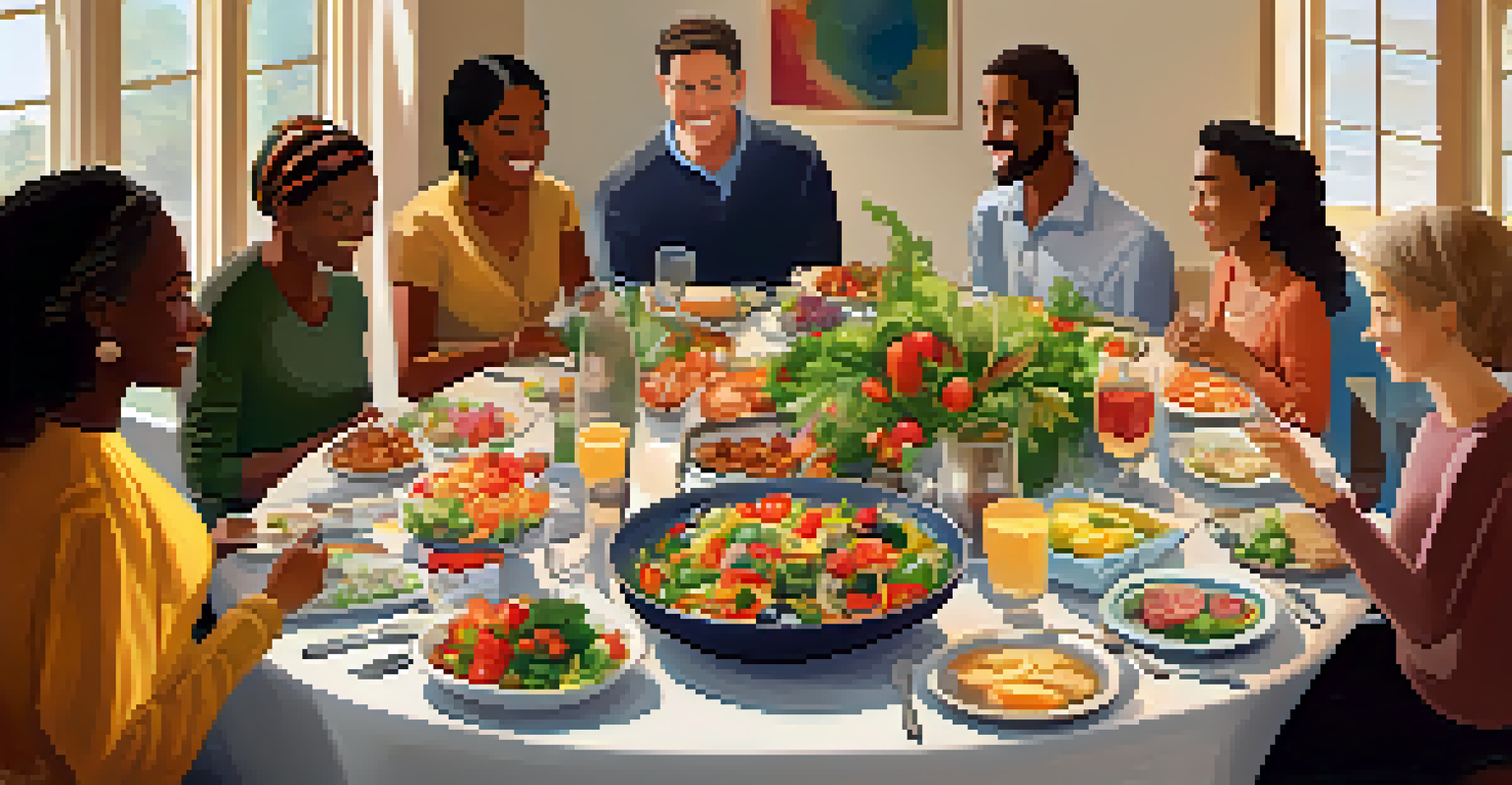 A communal dining table filled with allergy-friendly dishes, with friends enjoying a potluck dinner in a cozy atmosphere.