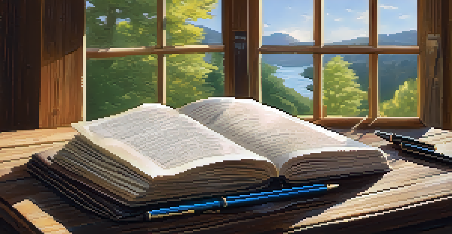 An open journal with handwritten reflections on a wooden desk surrounded by nature, with sunlight illuminating the scene.