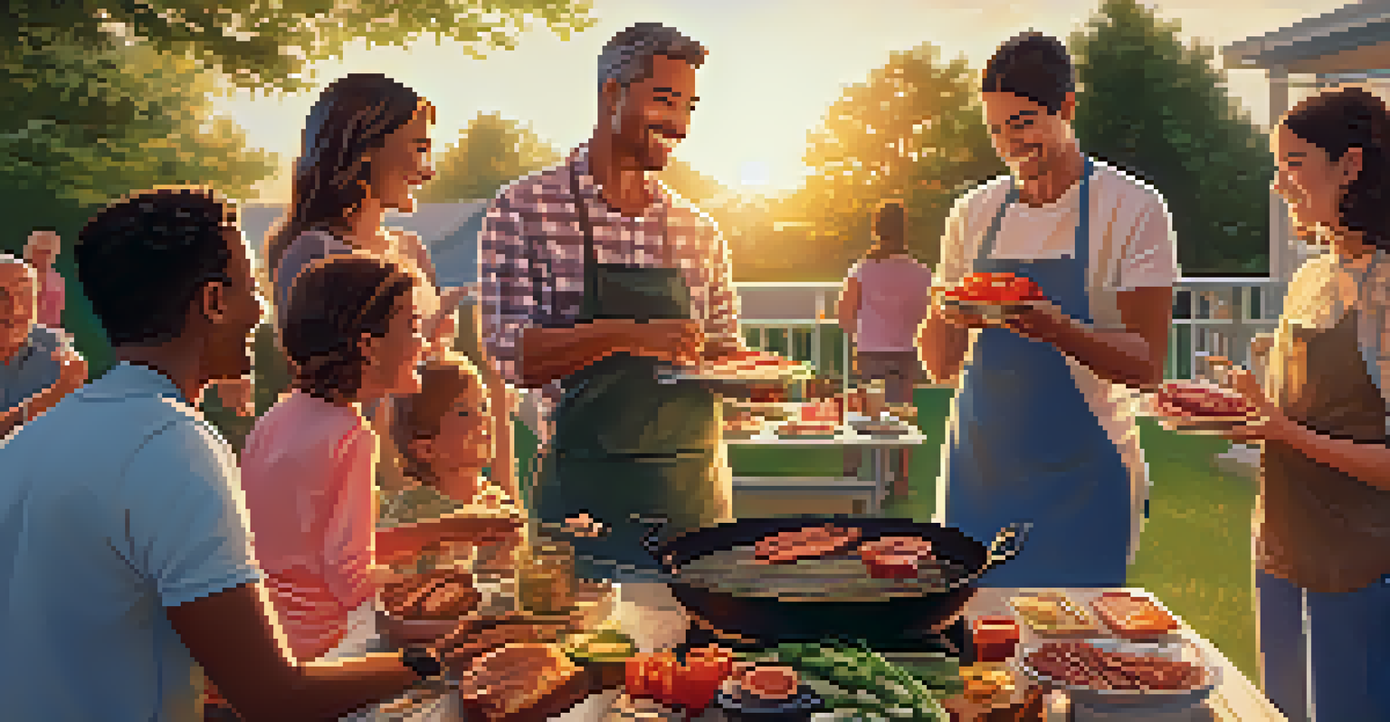 A family gathering around a grill with meats and vegetables cooking, set against a warm sunset.