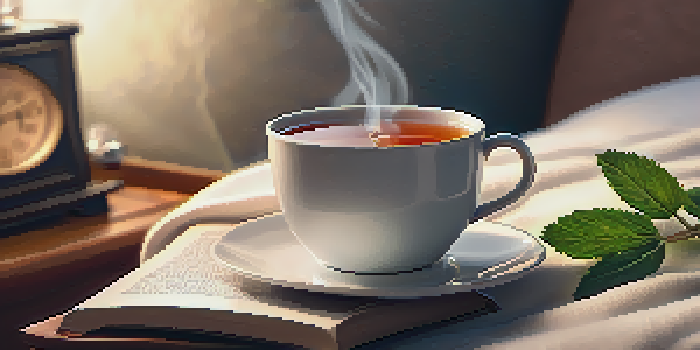 A cozy scene featuring a cup of herbal tea and an open book on a bedside table, set in a softly lit bedroom.