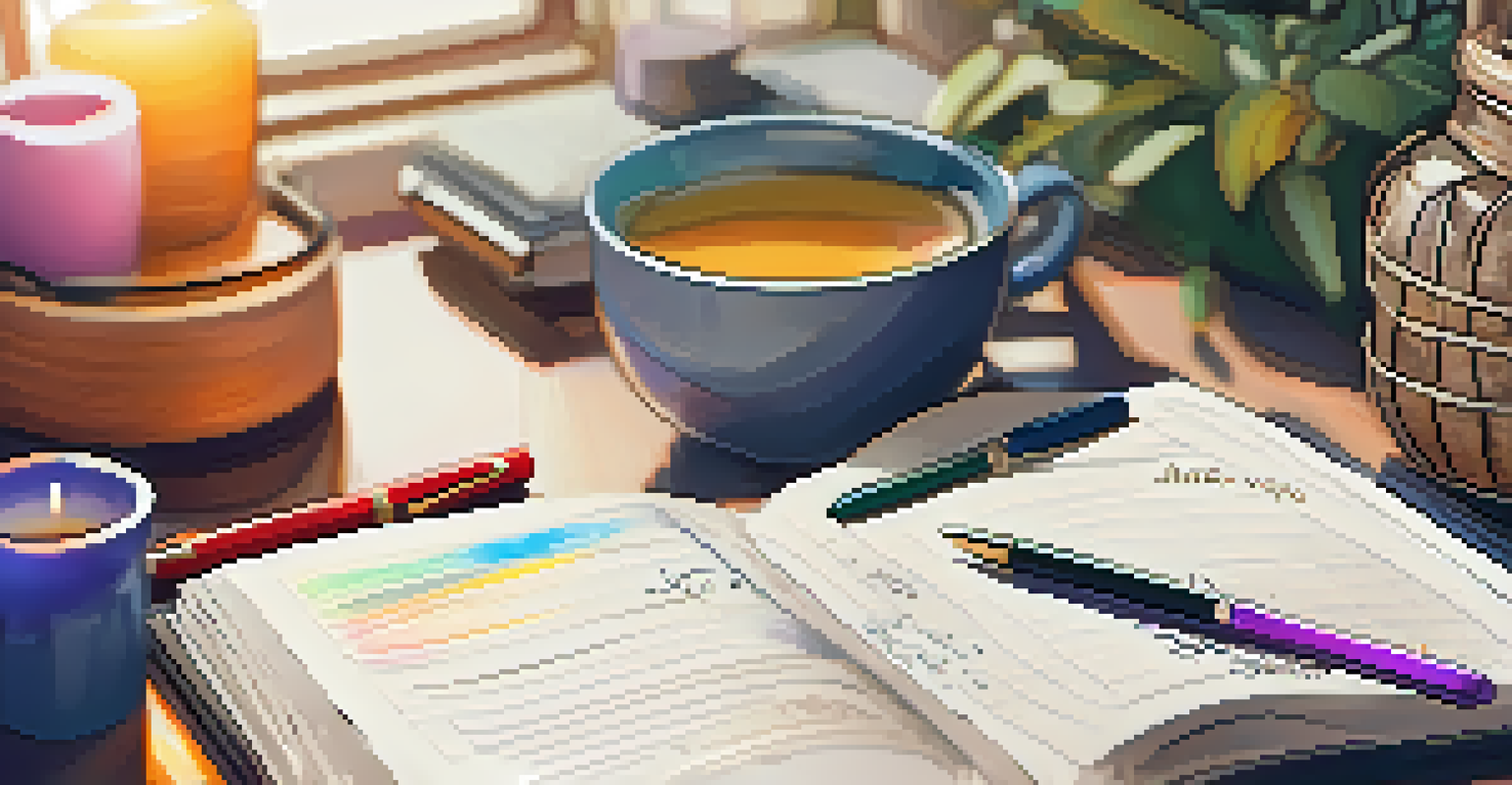 A close-up of a hand writing in a wellness journal with colorful pens and a cup of herbal tea beside it.