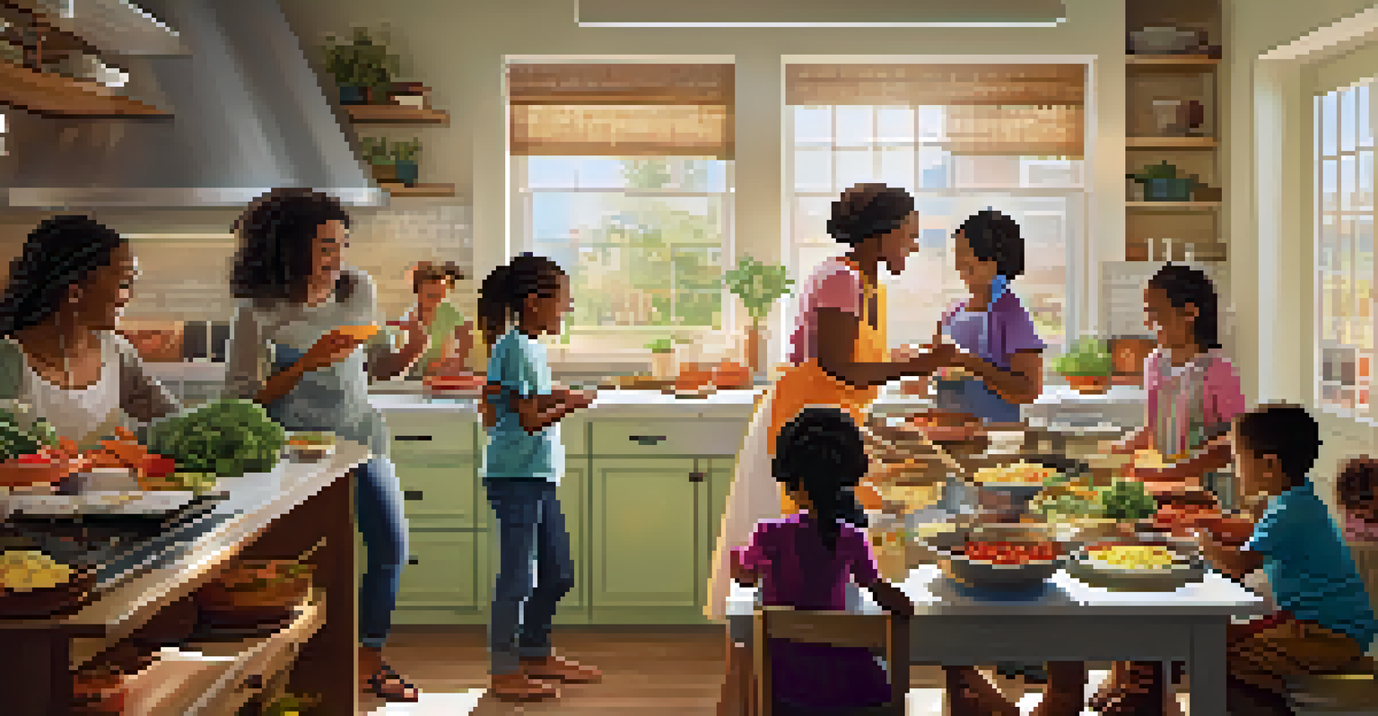 A diverse group of people cooking allergen-free meals together in a bright kitchen.
