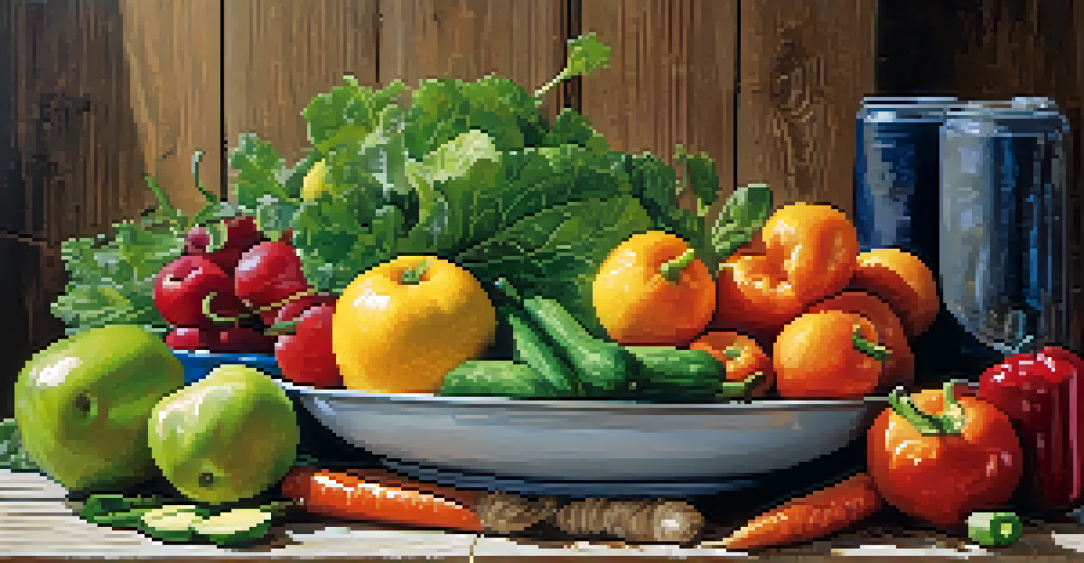 A still life of fresh fruits and vegetables with a measuring tape and running shoes, symbolizing a healthy lifestyle.