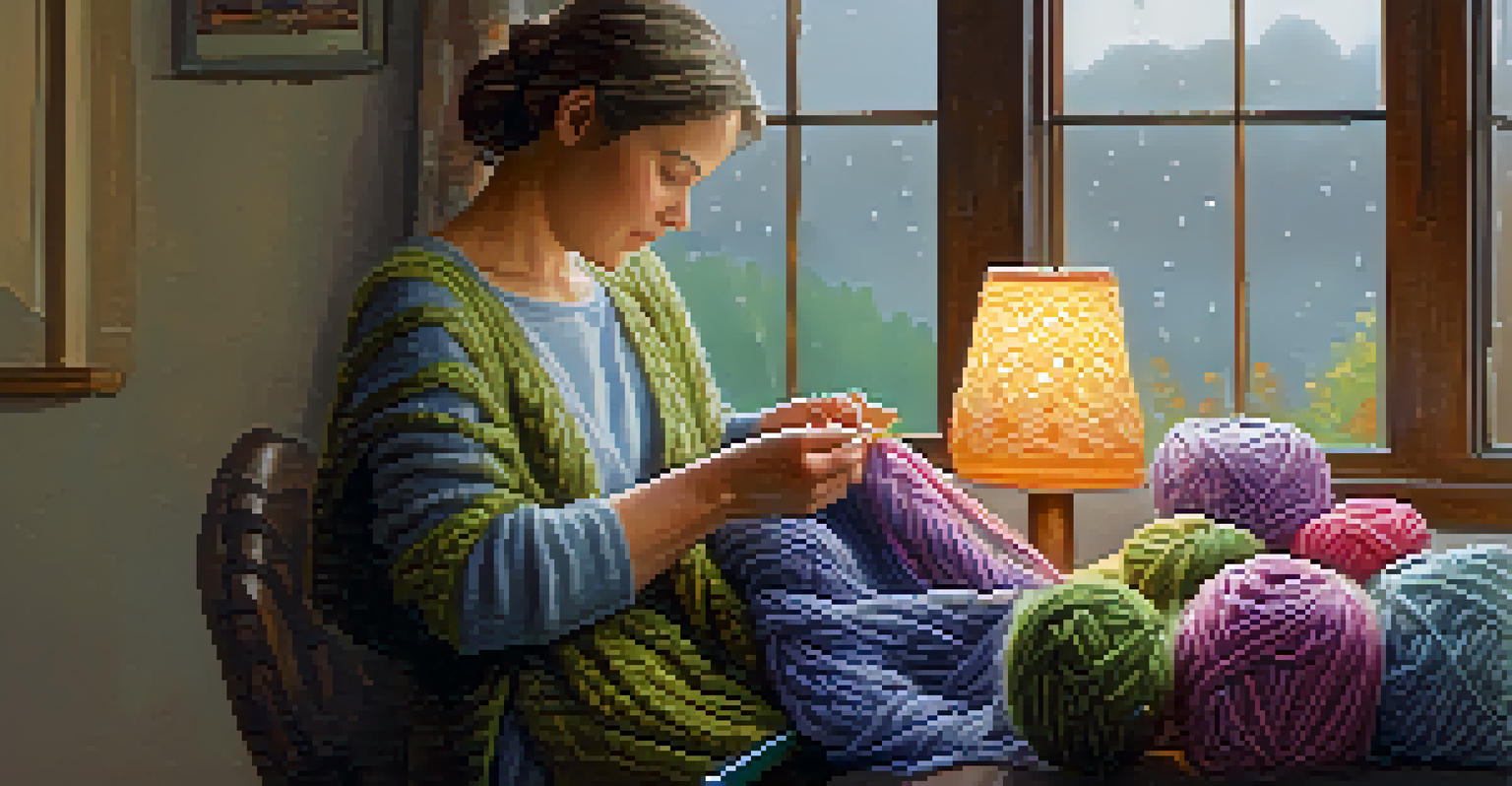 A person knitting by a window on a rainy day, surrounded by colorful yarns and a soft lamp glow.