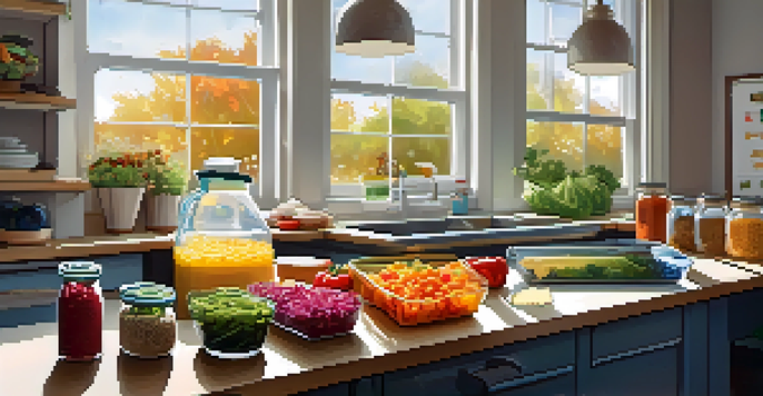 A colorful meal prep station in a bright kitchen with fresh ingredients and containers.