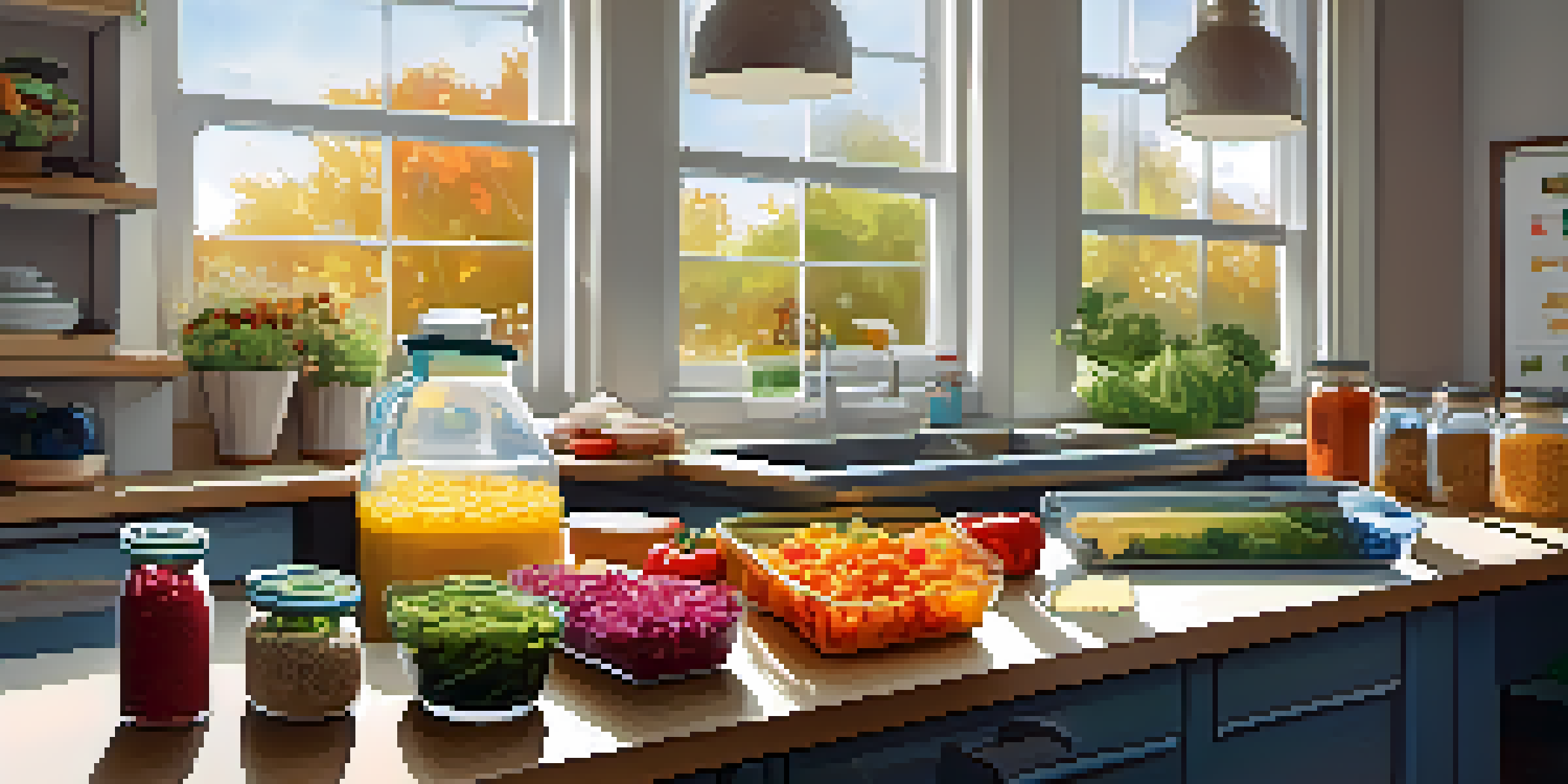 A colorful meal prep station in a bright kitchen with fresh ingredients and containers.