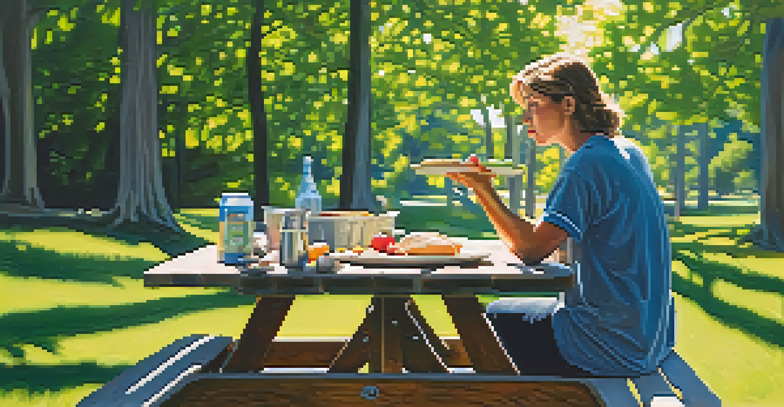 Person at a picnic table looking puzzled while holding a plate of food in a sunny outdoor setting.