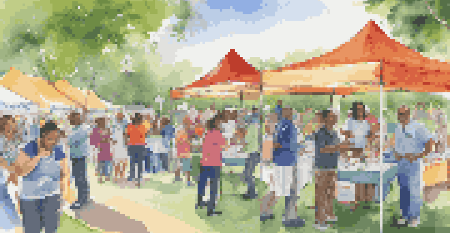 A community health fair in a park with healthcare providers interacting with residents, colorful booths, and banners in various languages.