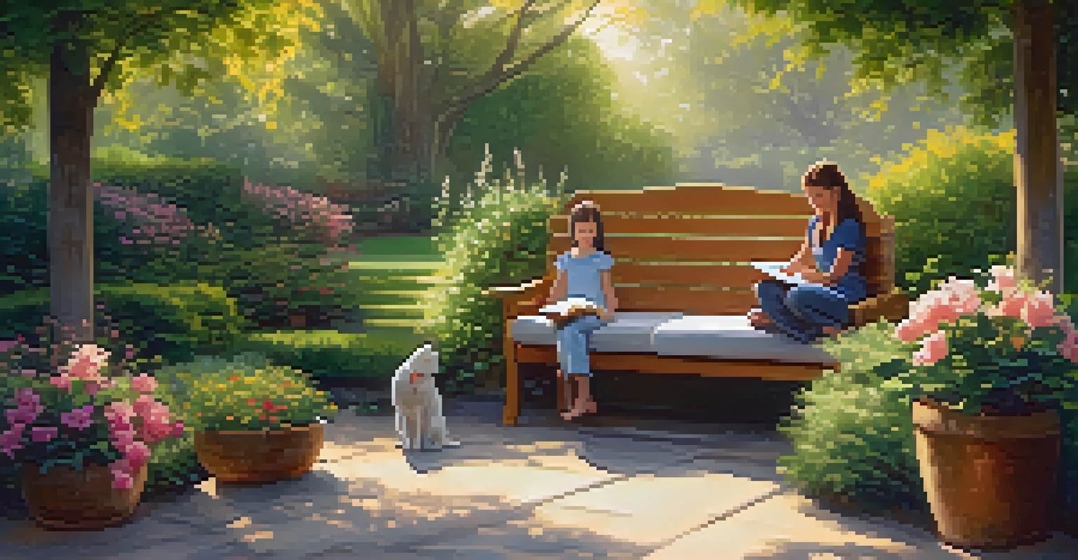 A parent meditating in a peaceful garden nook while children are drawing nearby.
