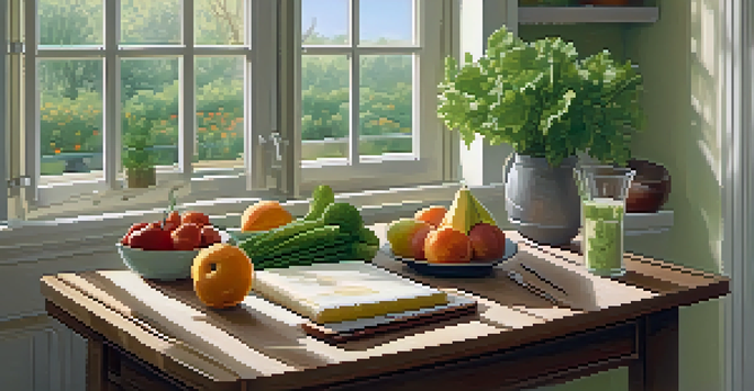 A bright kitchen with a wooden table filled with fresh fruits and vegetables, a cutting board, and a meal planning notebook, illuminated by soft morning light.