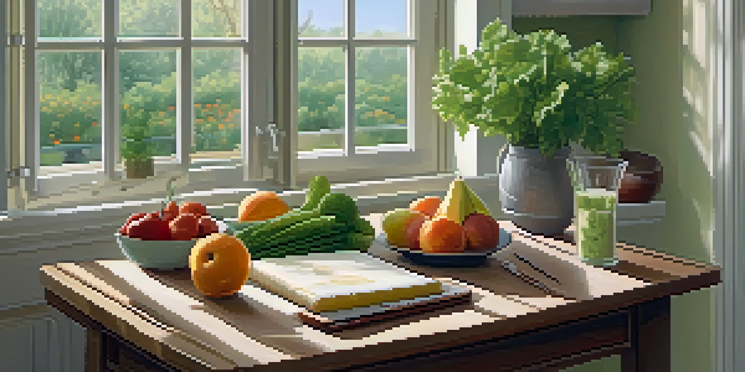 A bright kitchen with a wooden table filled with fresh fruits and vegetables, a cutting board, and a meal planning notebook, illuminated by soft morning light.