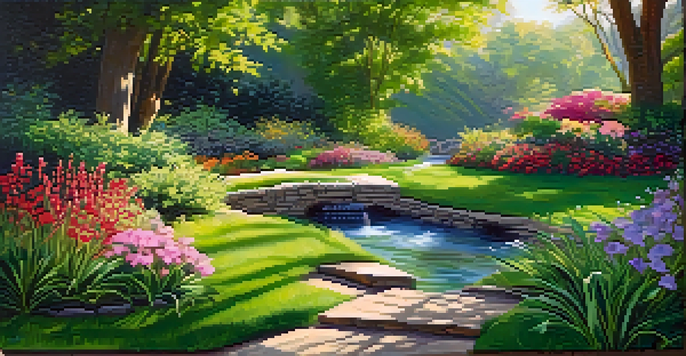 A peaceful garden with colorful flowers and a stream, illuminated by sunlight, symbolizing mental health care.