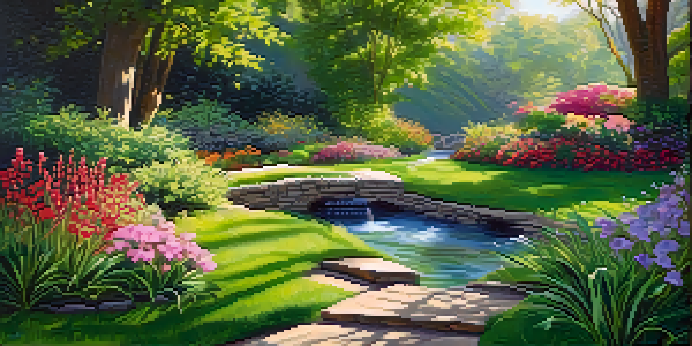 A peaceful garden with colorful flowers and a stream, illuminated by sunlight, symbolizing mental health care.