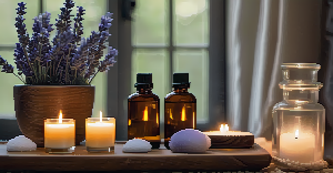 A calming home spa scene with a diffuser, essential oil bottles, lavender sprigs, and candles, creating a tranquil atmosphere.