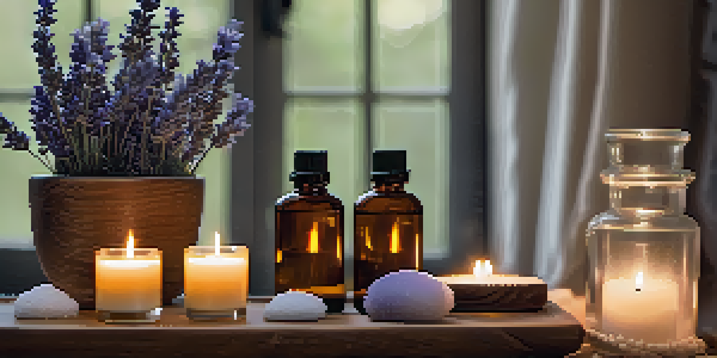 A calming home spa scene with a diffuser, essential oil bottles, lavender sprigs, and candles, creating a tranquil atmosphere.
