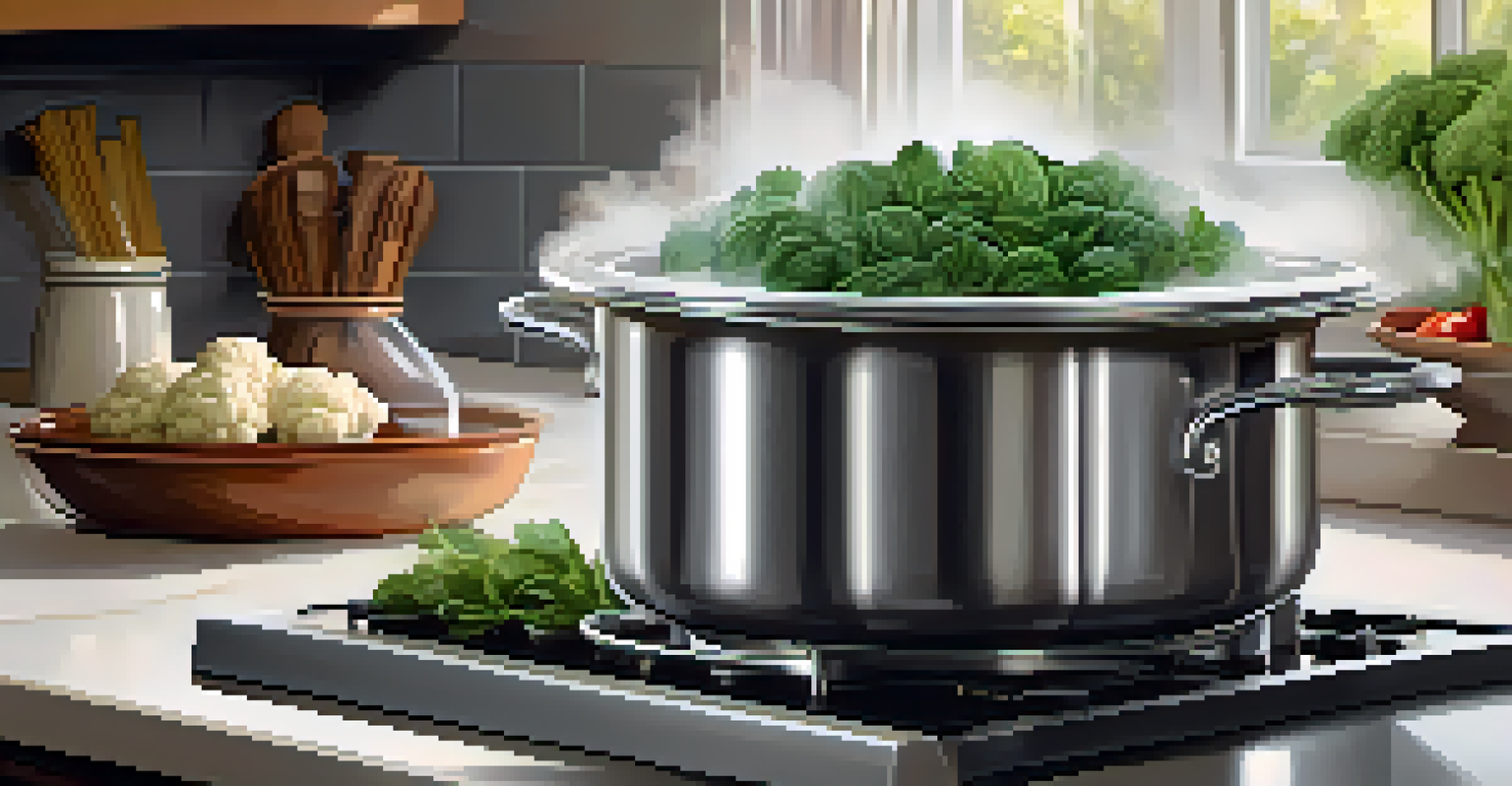 A close-up of a pot with steaming spinach and cauliflower, with steam wafting up and a cozy kitchen background.