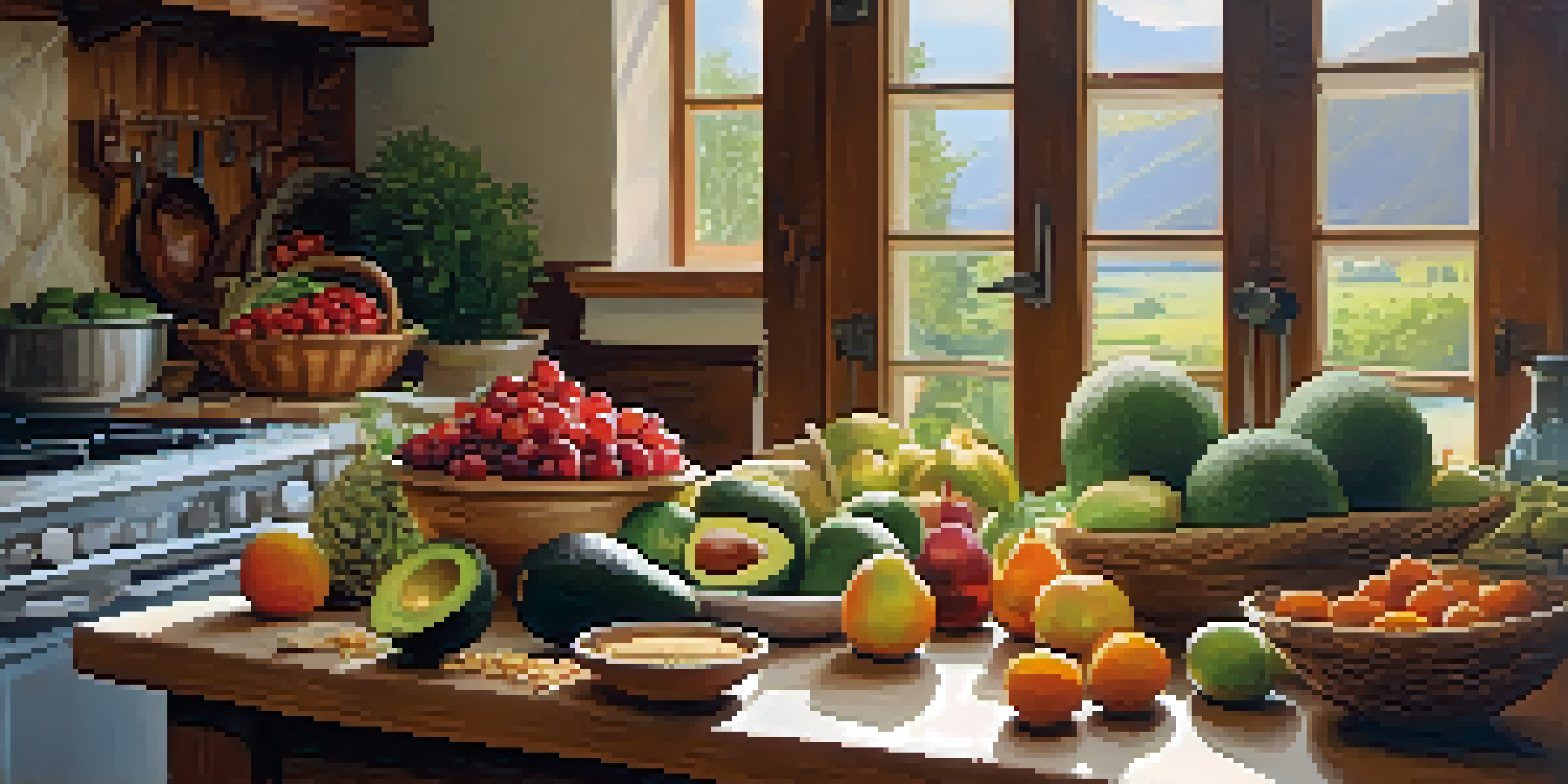 A couple preparing a healthy meal in a rustic kitchen with vibrant fruits, vegetables, and whole grains on the table.