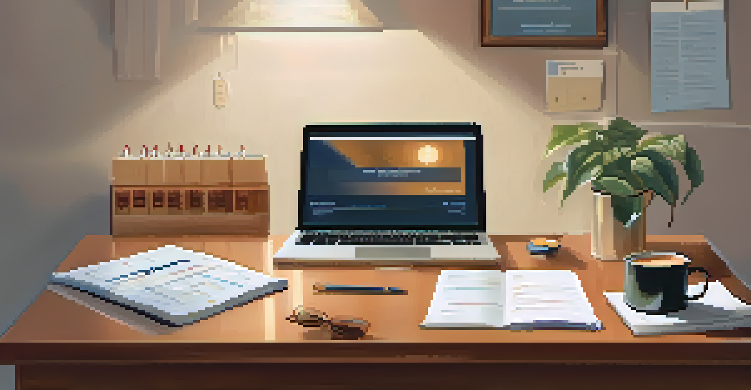 A home office scene featuring a laptop displaying vaccination guidelines, with a vaccination record folder and a cup of coffee nearby, in warm lighting.