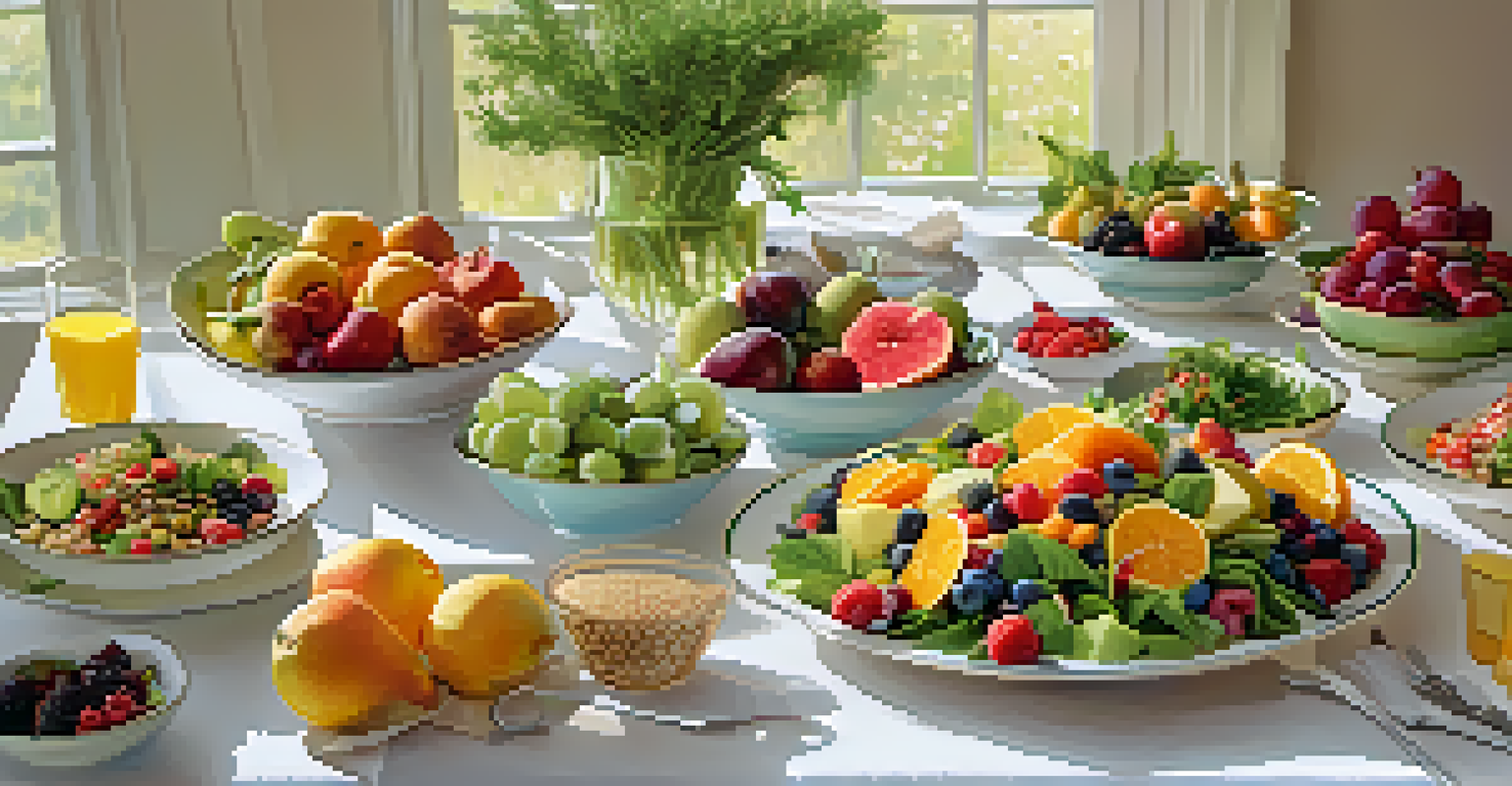 A colorful table set with healthy dishes at a wellness retreat, showcasing fresh fruits, salads, and grains in a bright setting.