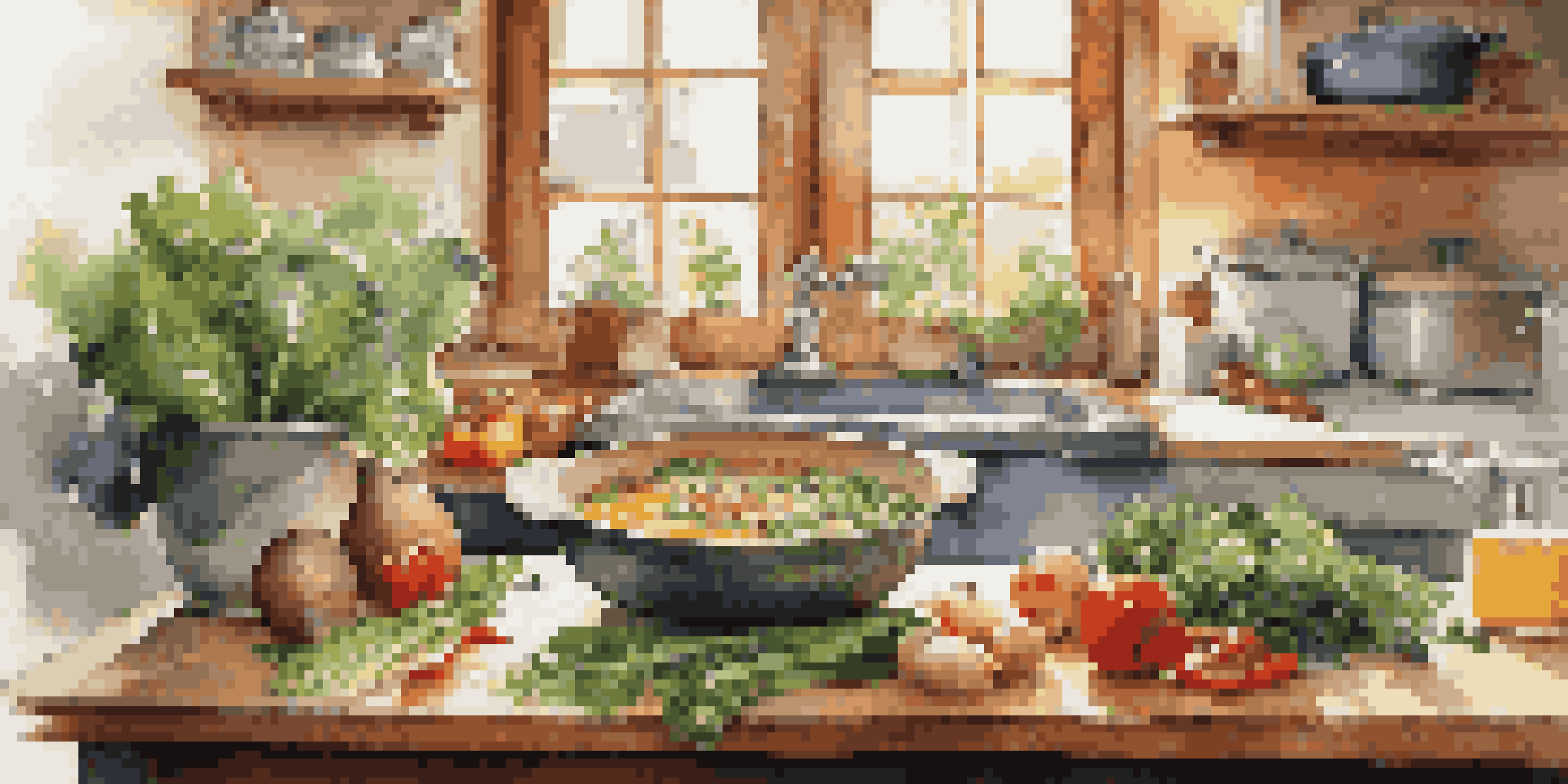 A bright kitchen filled with fresh vegetables and a pot of soup, capturing the essence of healthy cooking.